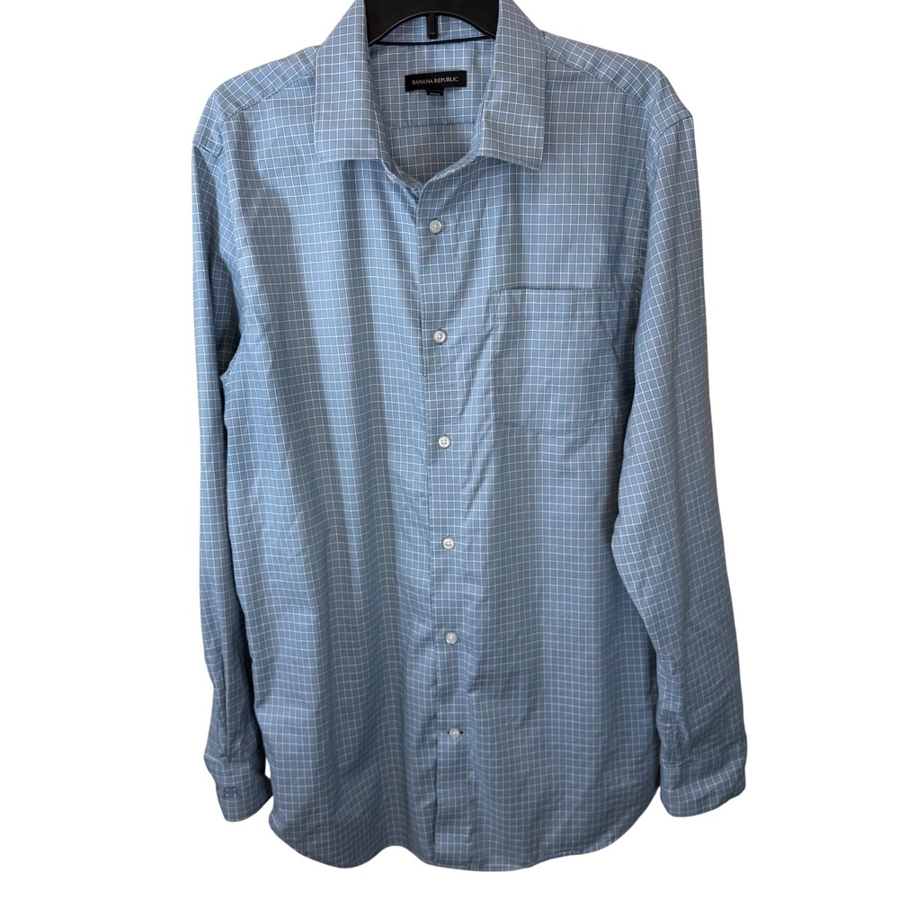 Banana Republic Mens XL Light Blue White Grid Check Cotton Button Down Shirt 010